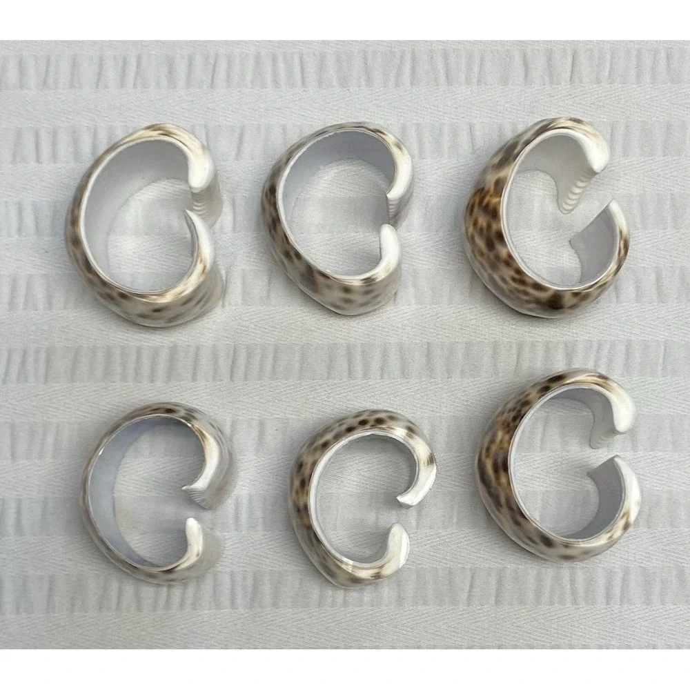 Vintage Seashell Napkin Rings Tiger Cowrie Set Of 6 Brown Golden Off White